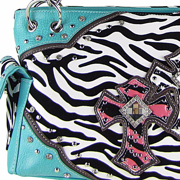 😀TURQUOISE ZEBRA STUDDED RHINESTONE CROSS HANDBAG - Picture 2 of 7